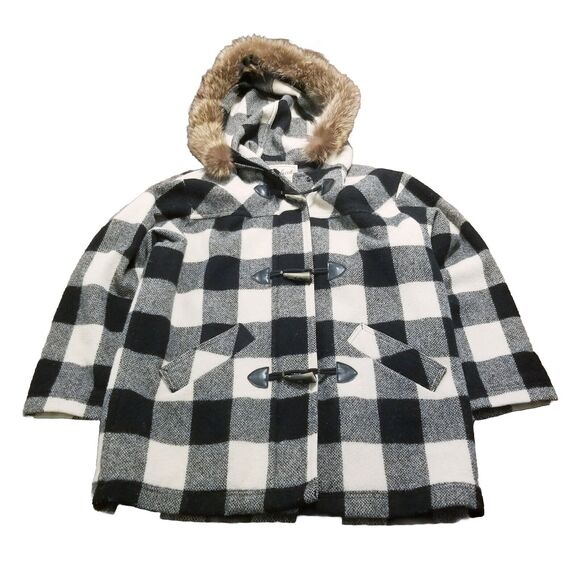 Woolrich Jackets & Blazers - Woolrich Vintage Coat Women M Buffalo Check Black Cream Wool Fur Trim Hooded USA